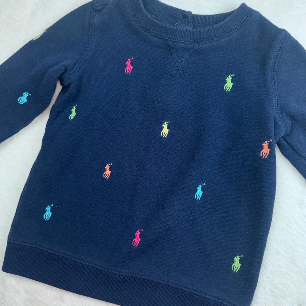 Ralph Lauren Sweatshirt Unisex Kids 24M Navy Blue Multi Pony All Over Embroidery